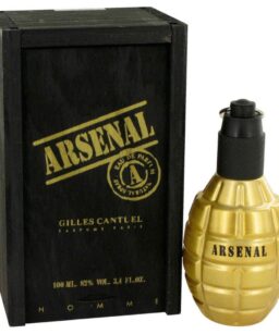 Arsenal Black men's cologne in gold grenade-shaped bottle with black cap.