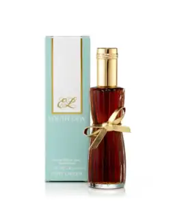 Youth Dew perfume bottle with gold ribbon, Estee Lauder fragrance for women.