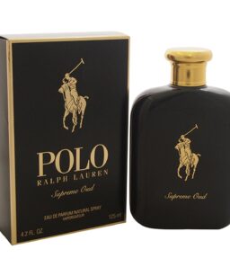 Polo Supreme Oud cologne for men with black bottle and gold cap.