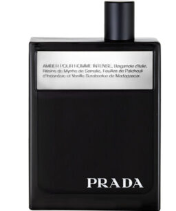 Prada Amber Intense men's cologne in sleek black bottle for luxury fragrance.
