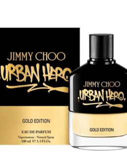 Jimmy Choo Urban Hero Gold perfume bottle with black and gold design.