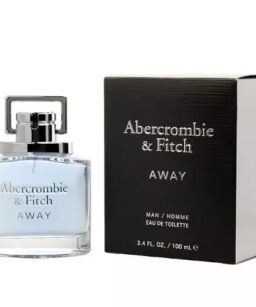 Abercrombie & Fitch Away men's fragrance in a sleek glass bottle with silver cap, paired with its bl.