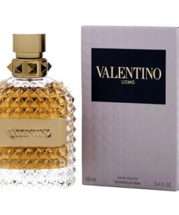 Elegant Valentino Uomo perfume bottle with gold accents and textured glass.
