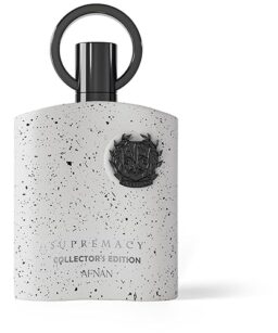 Afnan Supremacy Collector's Edition unisex perfume bottle with black emblem and speckled white desig.