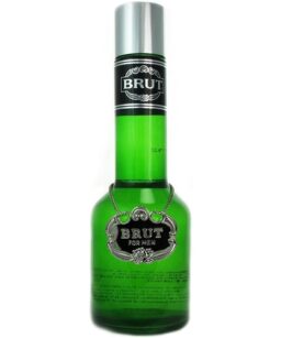 Brut men's cologne in a green bottle with silver cap and chain.