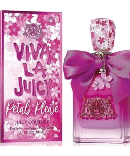 Viva La Juicy Petals Please perfume bottle with pink floral design and purple bow.