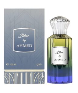 Blue Ahmed men's cologne with gradient blue-green glass bottle and elegant packaging.