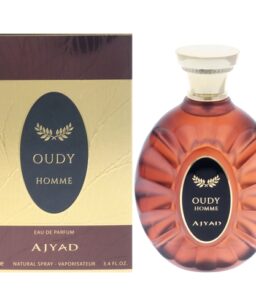 Oudy Homme Ajyad perfume bottle and box, luxury men's fragrance.