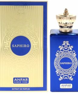 Anfar Saphiro men's cologne with elegant blue bottle and gold cap.