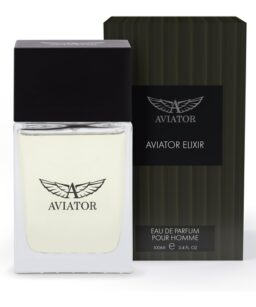 Aviator Elixir men's cologne bottle with packaging for wholesale fragrance supply.