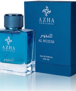 Azha Al Nujum men's perfume in a blue glass bottle with matching box.