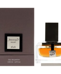 Leather fragrance cologne for men, Rasasi Junoon Velvet perfume bottle with black cap.