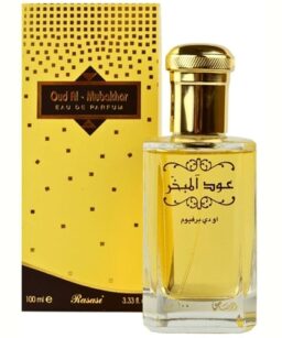 Oud Al Mubakhar cologne bottle with gold cap, luxurious fragrance for men.