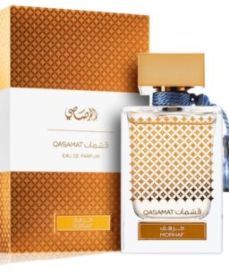 Rasasi Qasamat Morhaf men's perfume bottle with elegant packaging.