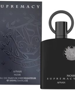 Afnan Supremacy Noir men's fragrance in sleek black bottle with silver emblem.