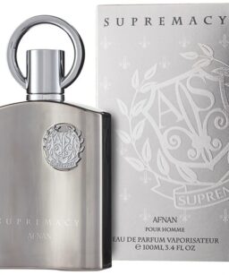 Afnan Supremacy Silver men's fragrance in a sleek silver bottle with a round handle, perfect for lux.