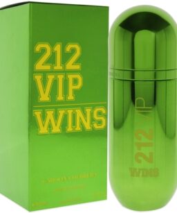Elegant green perfume bottle with matching packaging for VIP Wins fragrance.