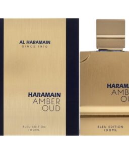 Haramain Amber Oud perfume bottle in gold packaging, 100ml, luxury fragrance for men and women.