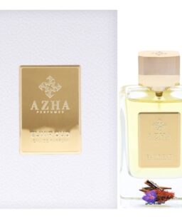 Azha Perfume Elixir Oud bottle with gold label and dried flowers, luxury fragrance for wholesale buy.