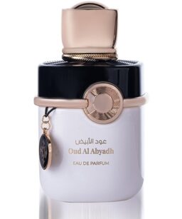 Oud Al Abyadh perfume bottle with elegant design and gold accents for luxury fragrance lovers.