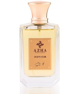 Azha Oud'n Cuir perfume bottle with elegant glass design and gold cap.