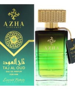 Taj Al Oud perfume for men with green glass bottle and gold cap, luxury fragrance from Azha Perfumes.