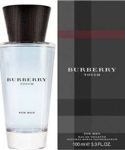 Burberry Touch for Men perfume bottle with black cap and packaging, luxury fragrance for men.