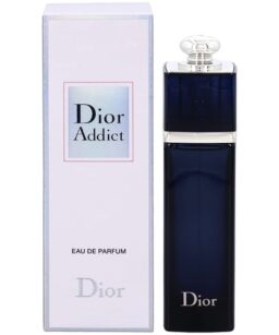 Dior Addict perfume bottle with dark blue glass and clear cap, luxury fragrance for women.