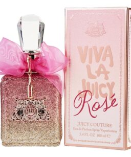 Juicy Couture Viva La Juicy Rose perfume with pink glitter bottle and pink bow.