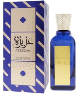 Azeezah Eau de Parfum in blue glass bottle with gold cap, elegant packaging, wholesale fragrances.