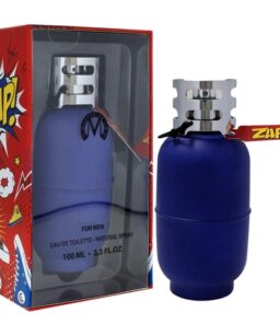 Blue men's perfume bottle with Zap! tag, in packaging, for wholesale fragrances.